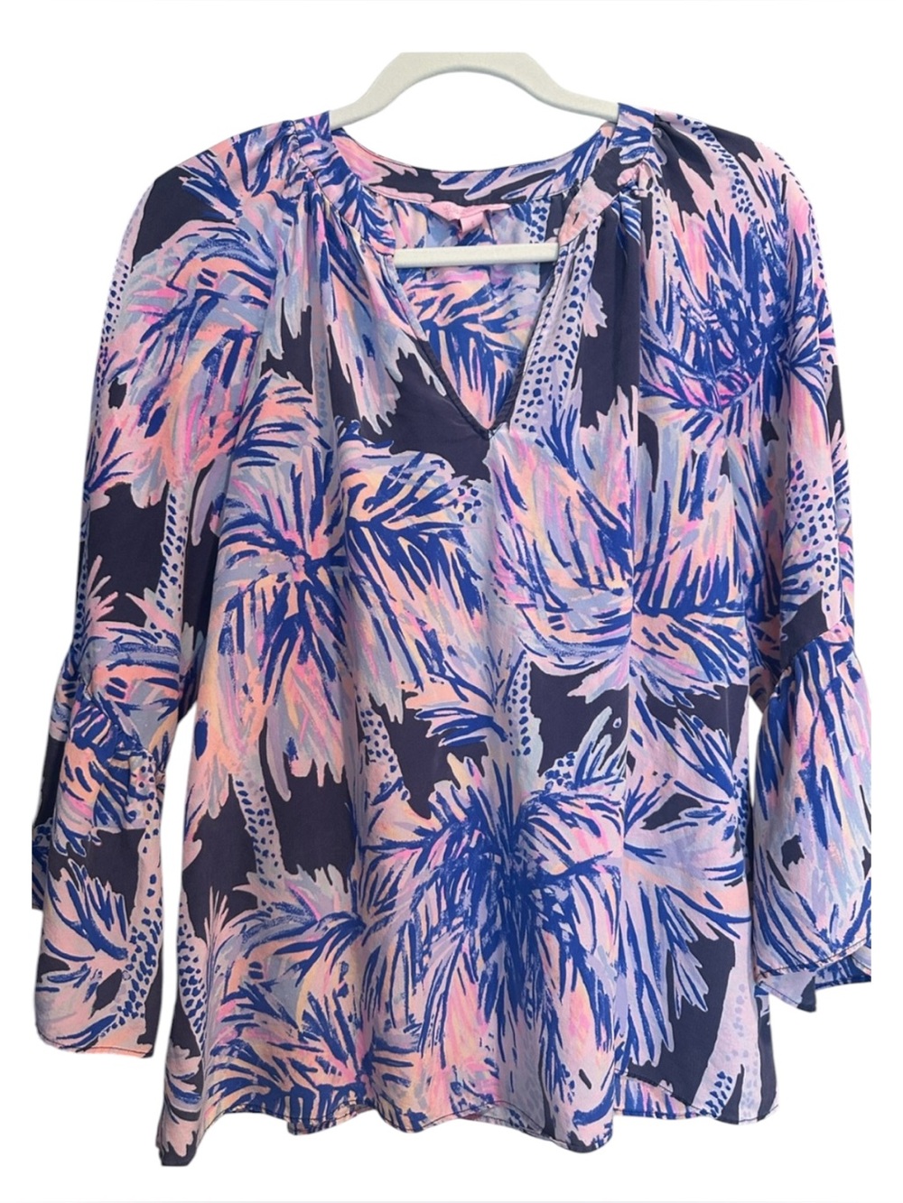 Lilly Pulitzer Palm-Print V-Neck Blouse - Pink & Blue 100% Silk